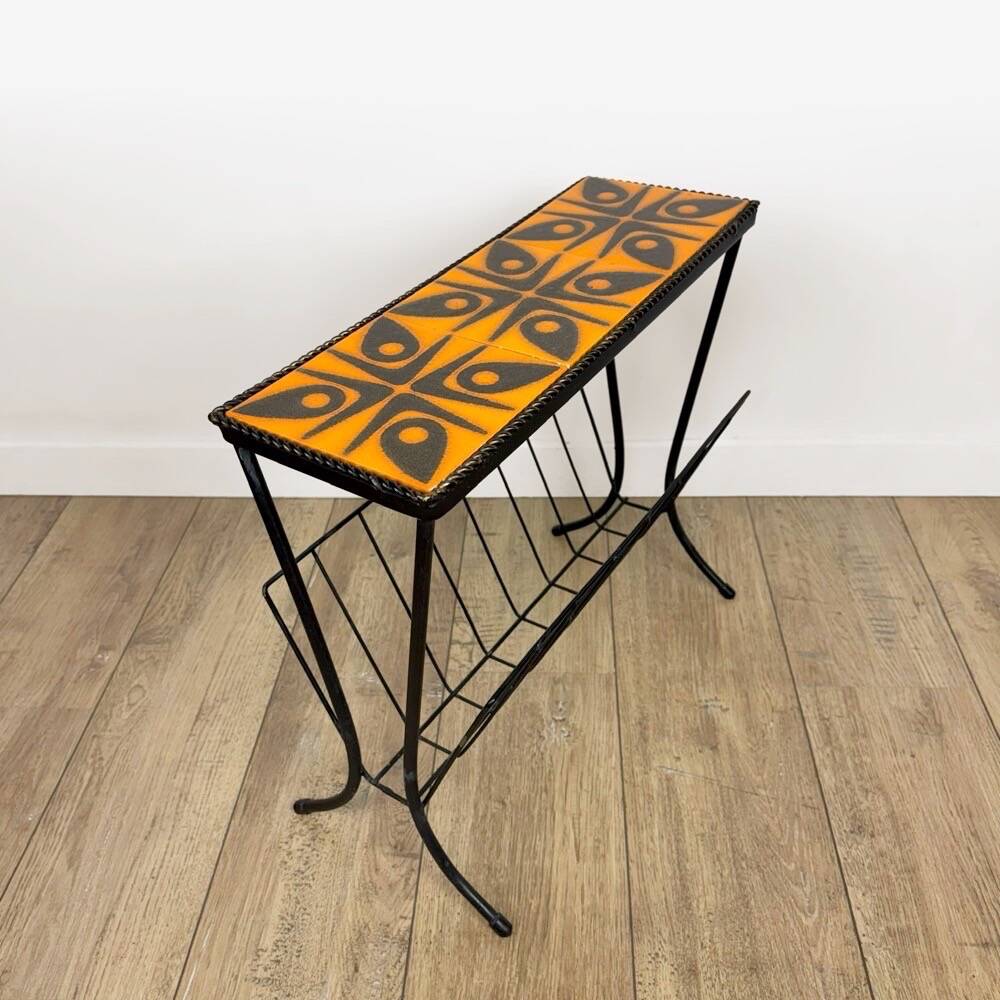 Porte-revues céramique orange et métal années 70