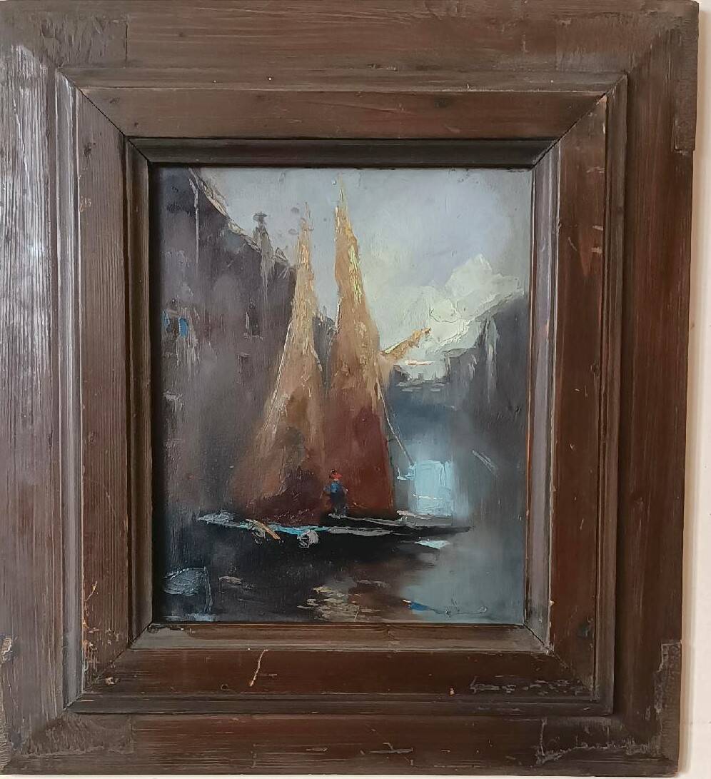 Old oil painting on panel, late 19th century - Boats - signed - Antique frame