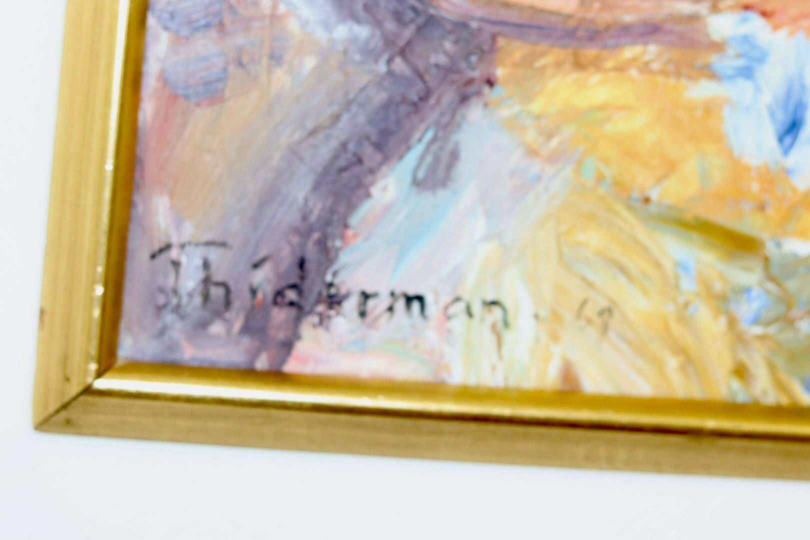 Large Swedish Mid-Century Oil on Panel" Beach" by Stig Thiderman (1920-1973) - Vintage and Framed