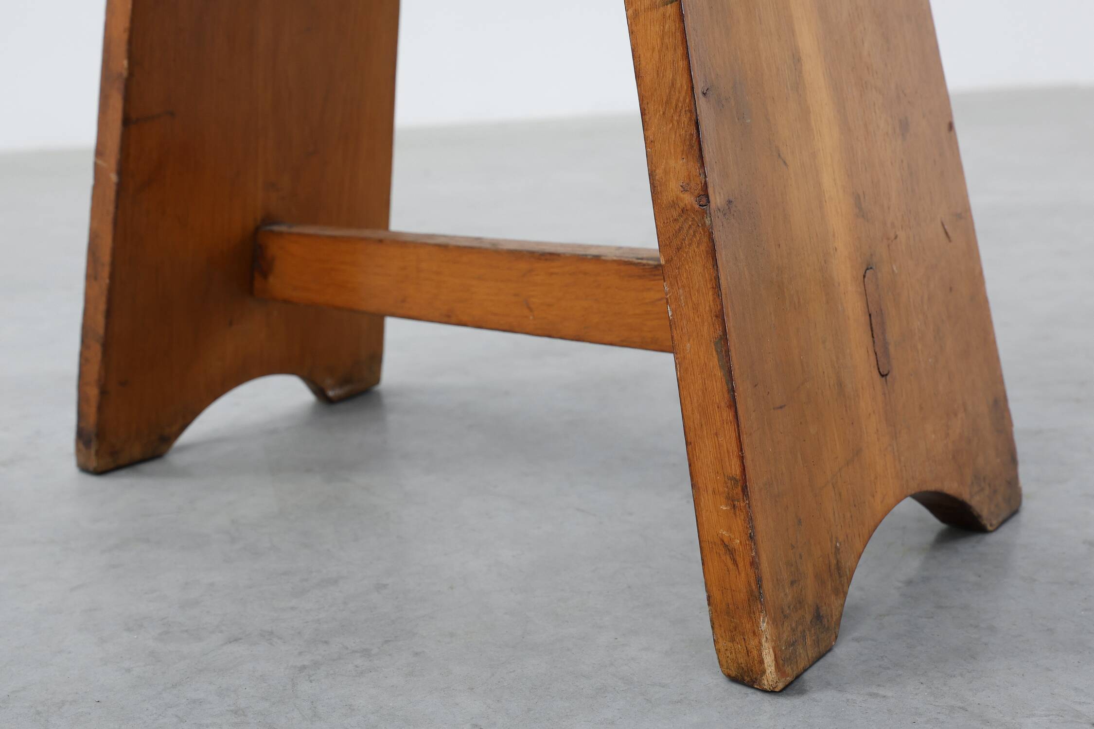 Rustic Pine Stool with Cut-Out Trestle Legs, Sweden, circa 1920