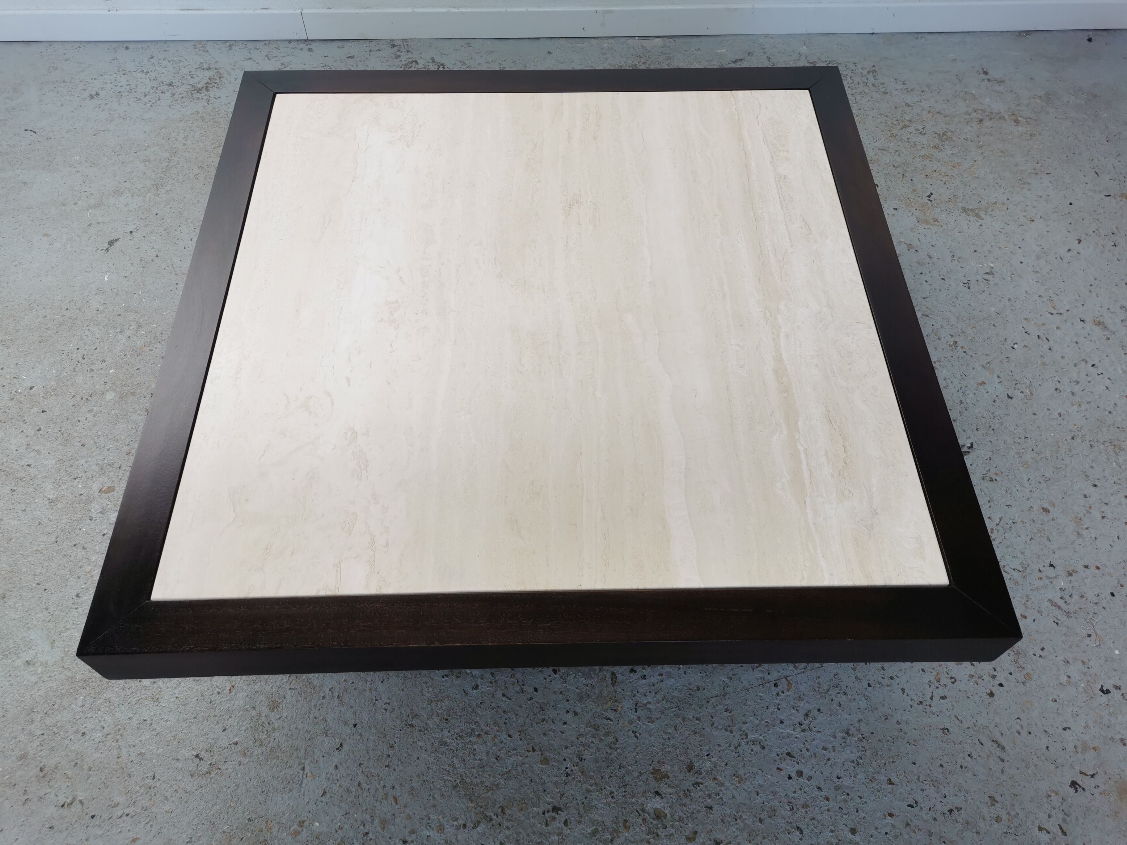 Table basse vintage travertin et bois design 1970