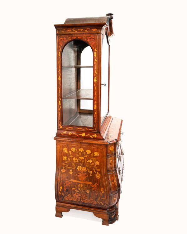 Petite armoire vitrine néerlandaise ancienne en marqueterie florale