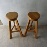Pair of high bar stools, tripods, in solid wood