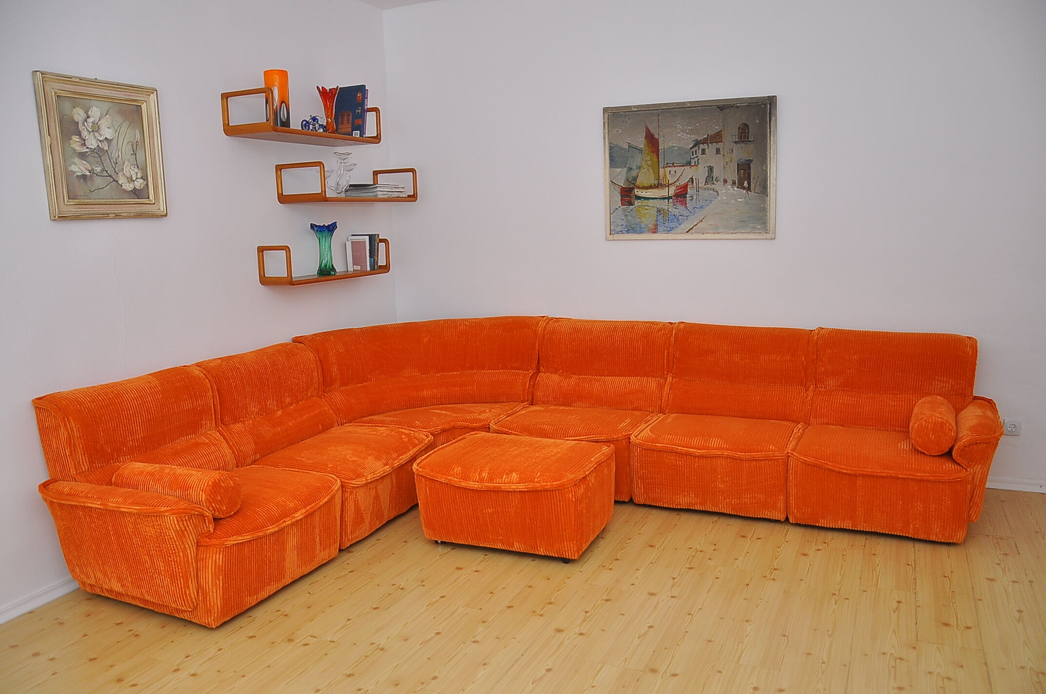 Laauser orange corduroy modular sofa, 70s