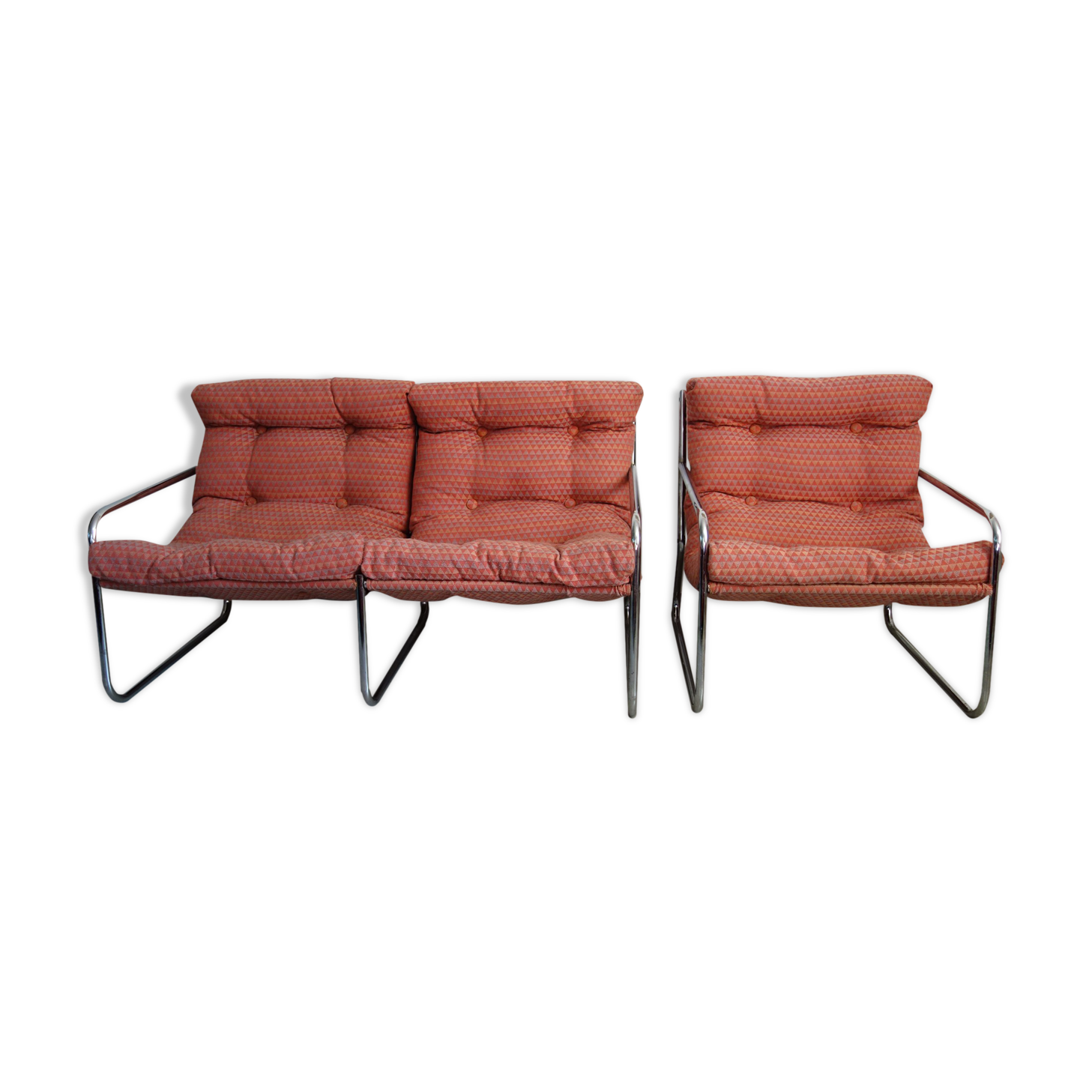 Sofa and armchair chrome steel and fabric 70s / 80s