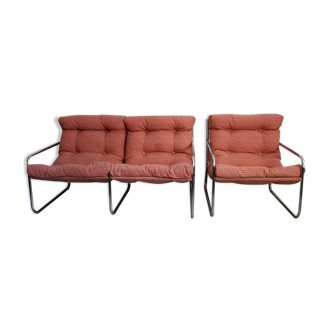 Canapé et fauteuil acier chromé et tissu années 70/80