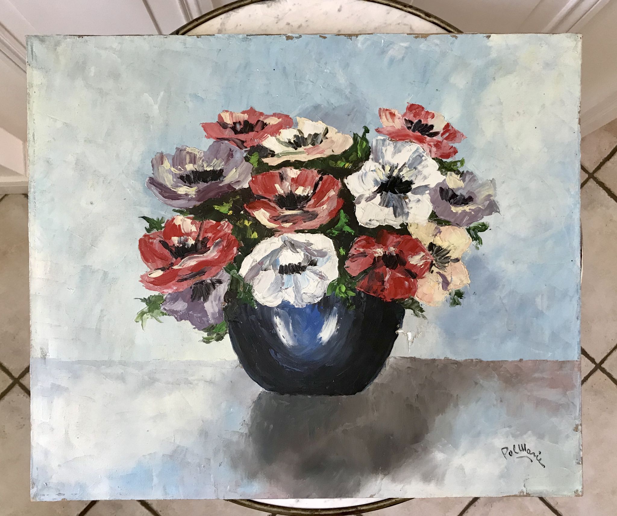 Old painting signed oil on canvas bouquet of vintage anemone flowers