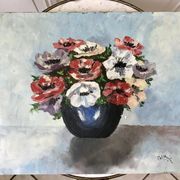 Old painting signed oil on canvas bouquet of vintage anemone flowers