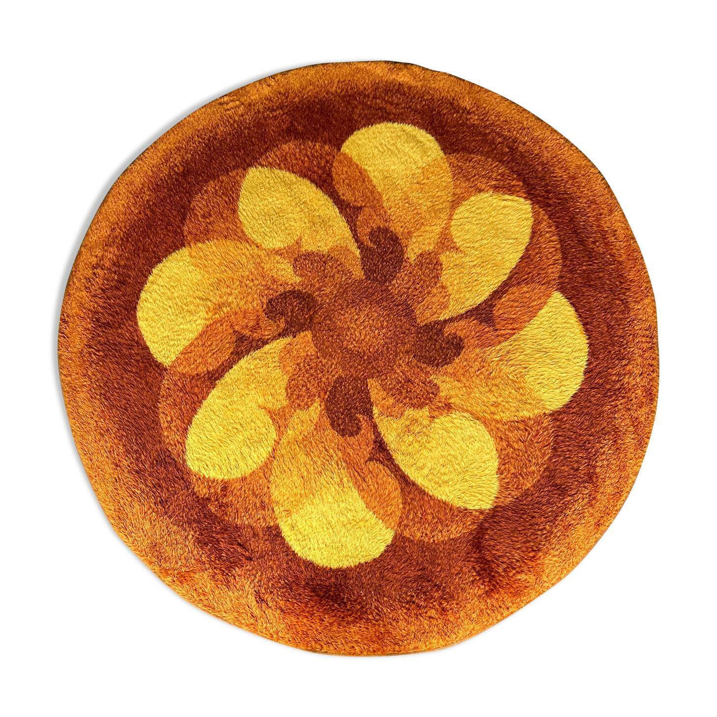 Vintage rug round psyche wool orange 70's
