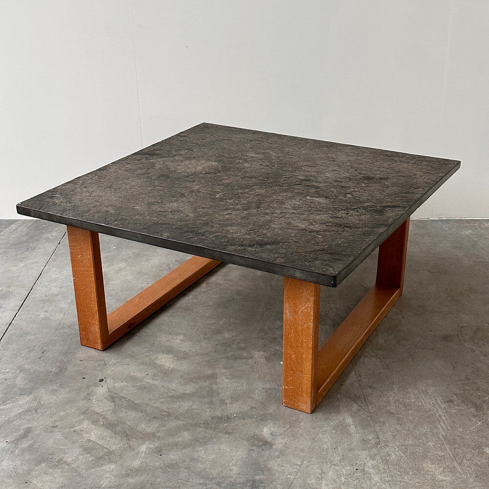 Vintage Belgian slate & oak coffee table, 1970s