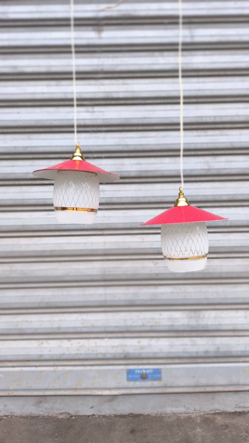 Pair of enamelled sheet metal and glass pendant lights
