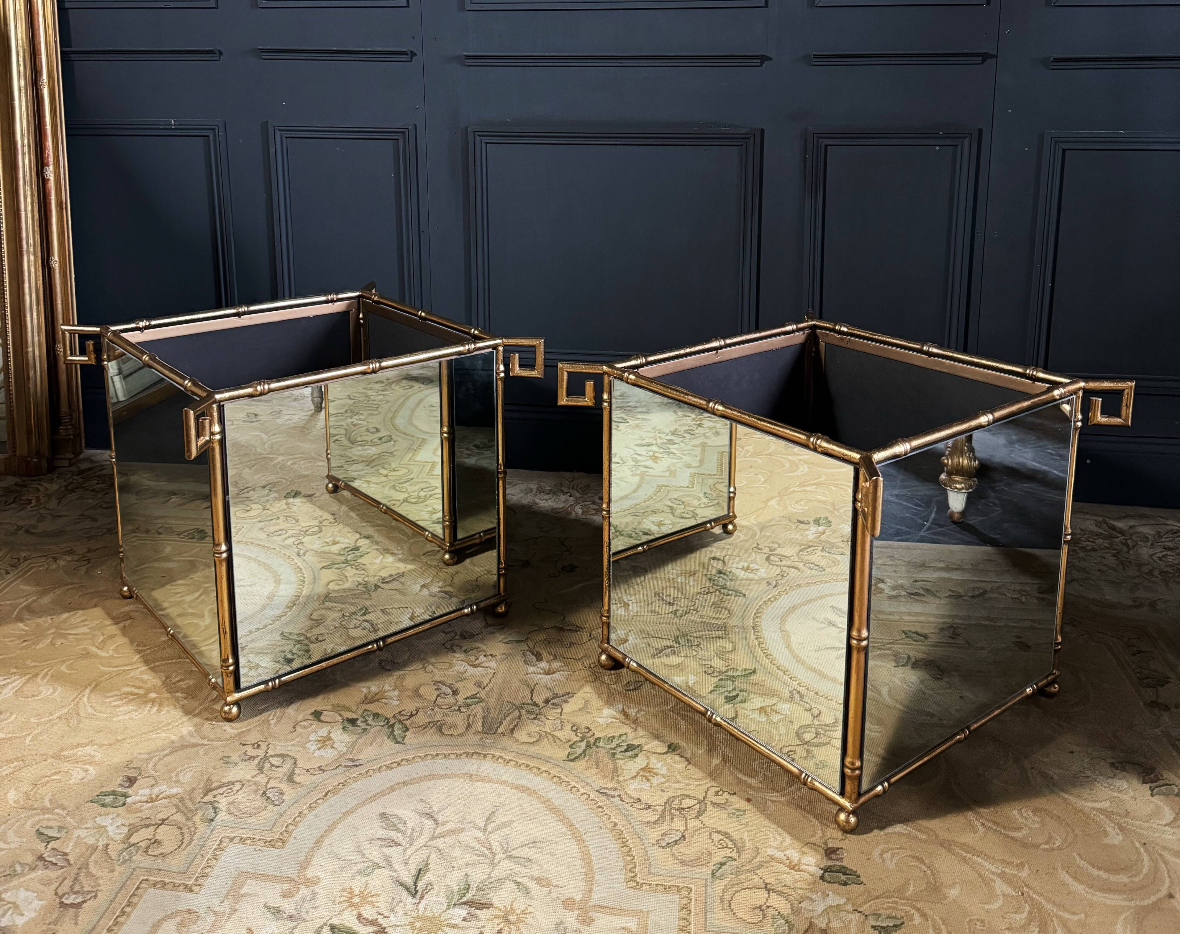 Pair of "bamboo" model planters in gold metal and glass from the 70s