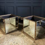 Pair of "bamboo" model planters in gold metal and glass from the 70s