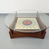 Vintage 60s-70s round coffee table with 2 shelves in glass and rosewood
