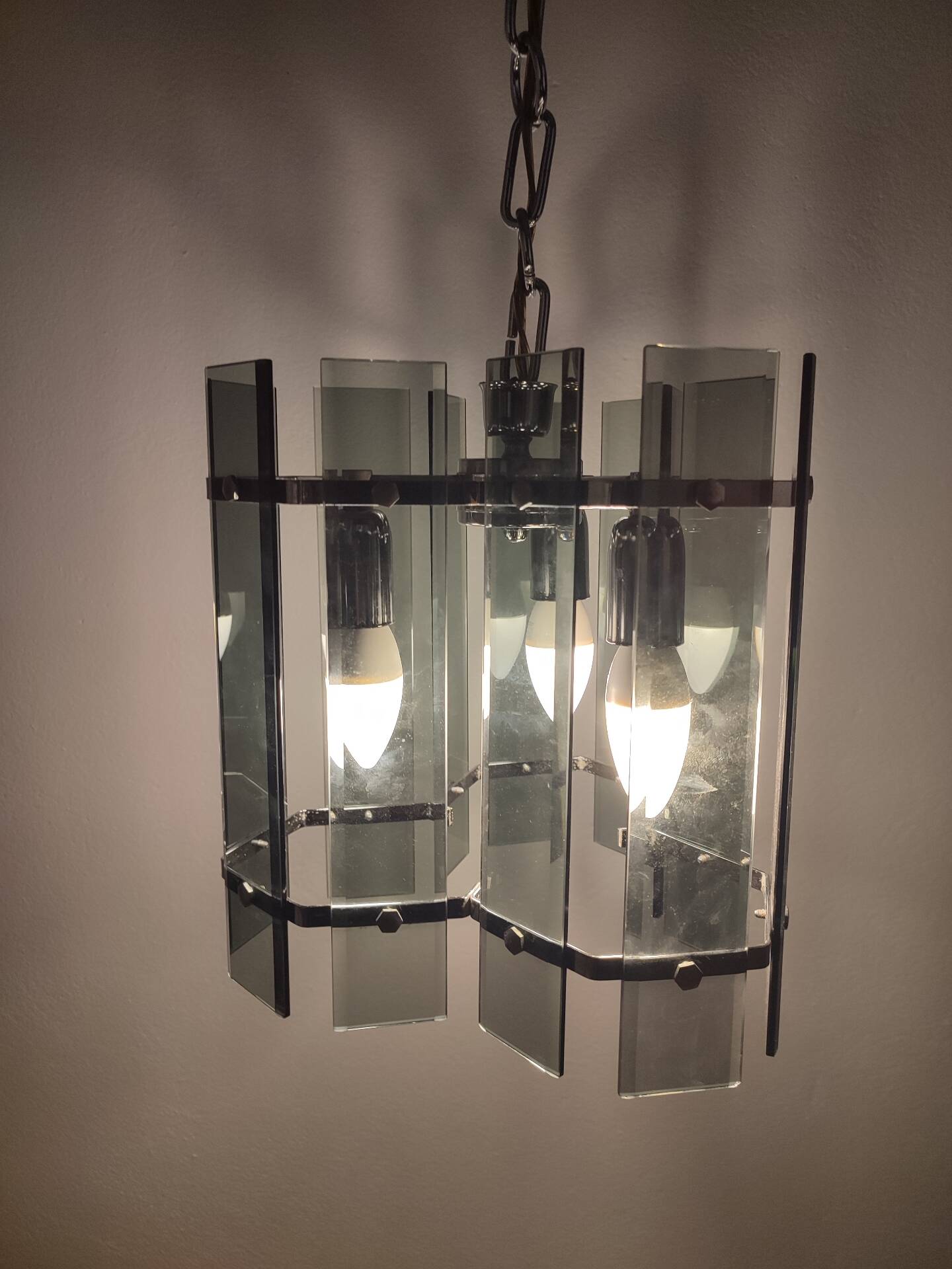 Mid-Century Suspension in Smoked Glass and Chrome Metal, Veca Style