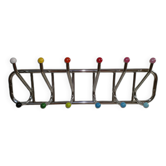 70s Space-Age Chrome Wall Coat Rack,12 Colorful Hooks