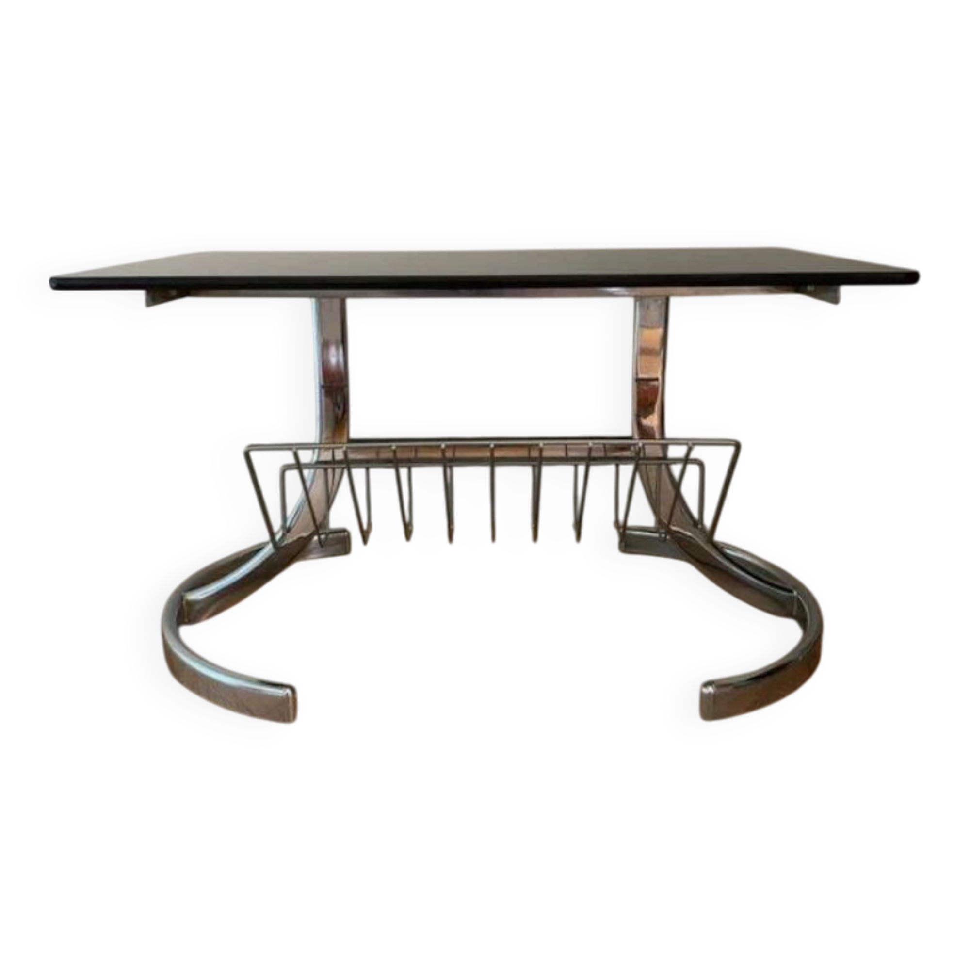 Space Age coffee table in chrome metal and smoked glass with magazine rack – Circa 1970