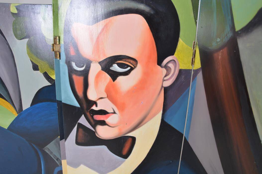 Vintage screen made up of 4 wooden panels reproducing the painting by tamara de lempicka 1925.