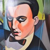 Vintage screen made up of 4 wooden panels reproducing the painting by tamara de lempicka 1925.