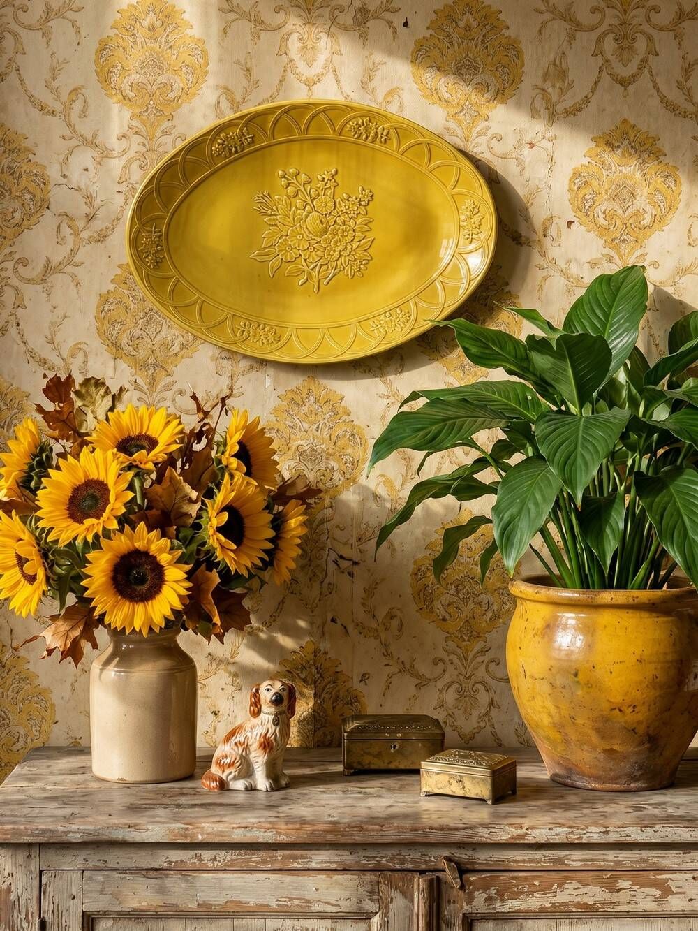 Large oval dish Bordallo Pinheiro yellow earthenware, Portugal 1970-1980