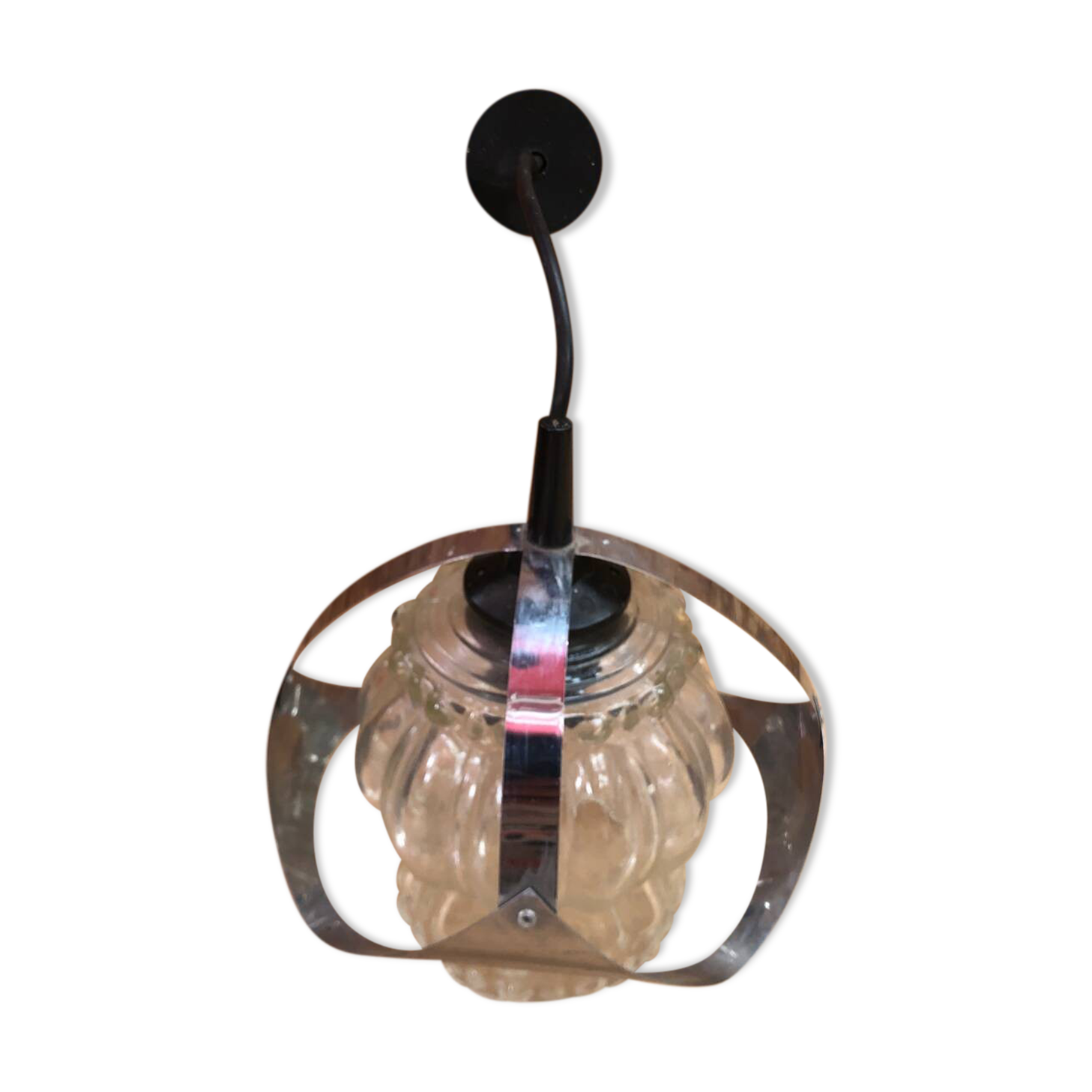 Old atomic age pendant lamp chromed metal & molded glass 70's vintage