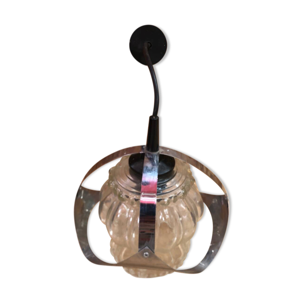 Ancienne suspension atomic age métal chromé & verre moulé 70’s vintage