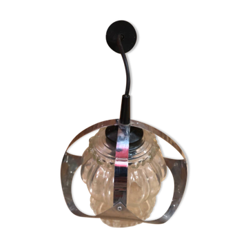 Ancienne suspension atomic age métal chromé & verre moulé 70’s vintage