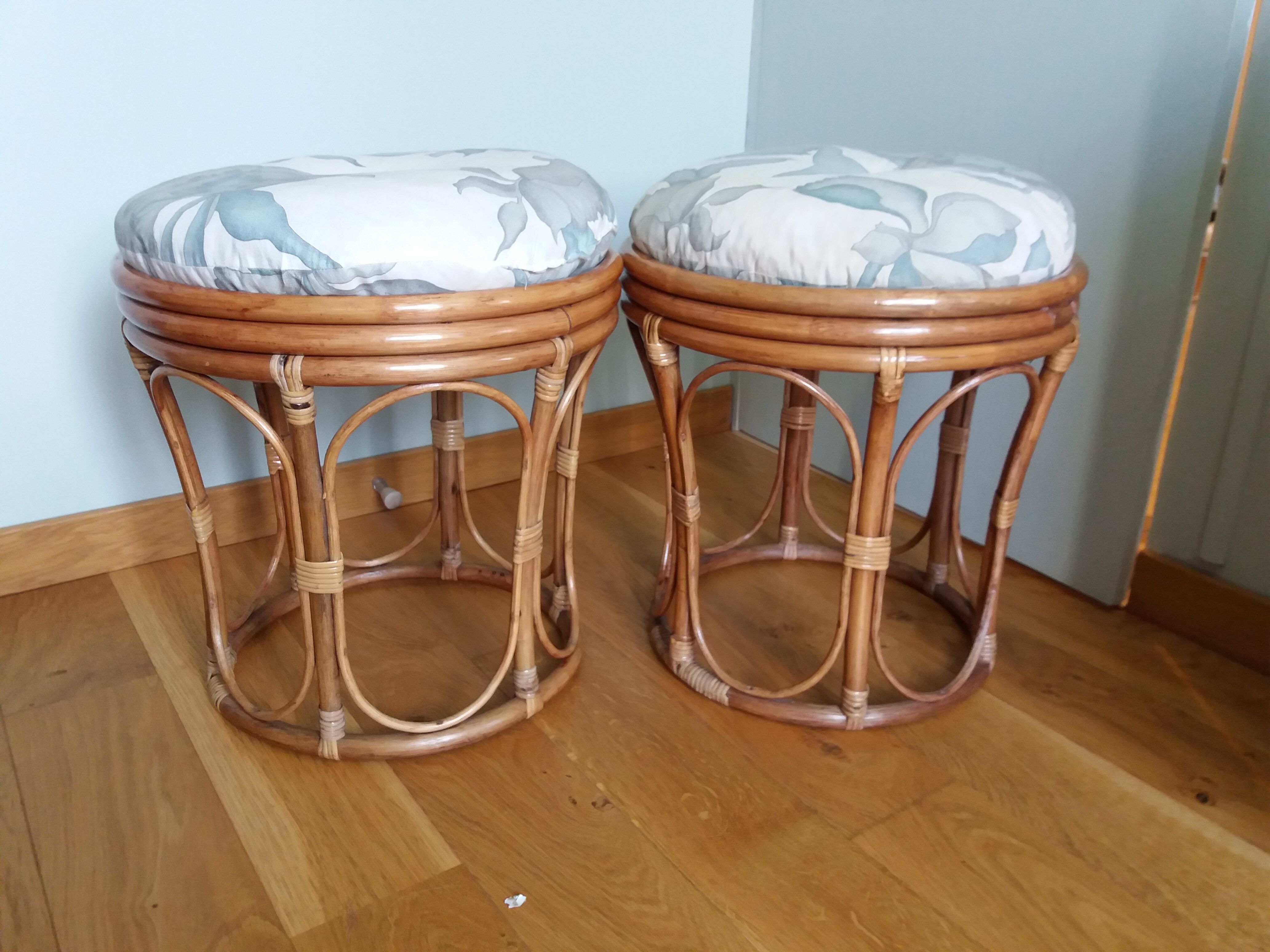 Pair of wicker rattan stool poufs