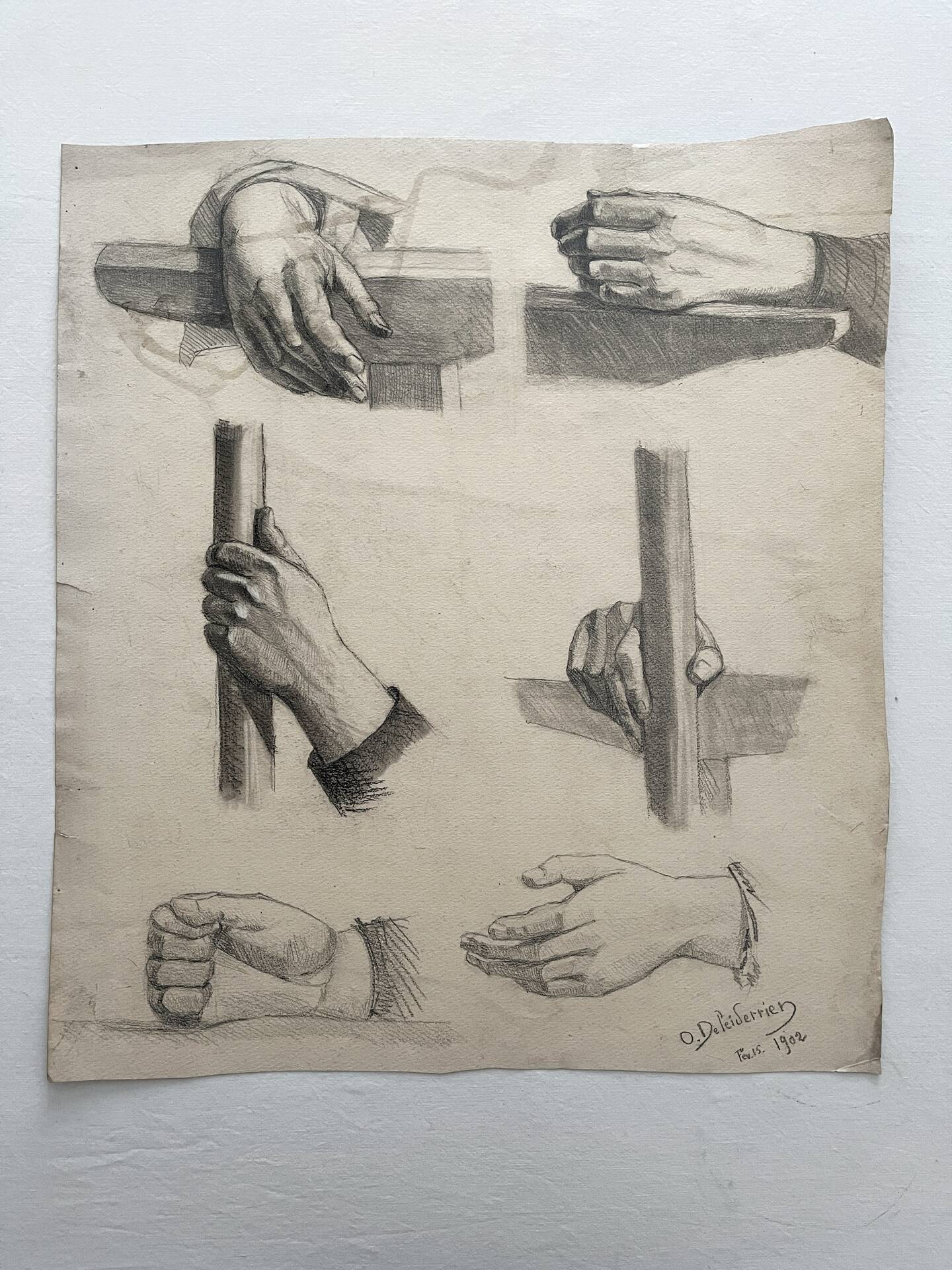 Dessin académique ancien, étude de mains Deleiderrier 1902