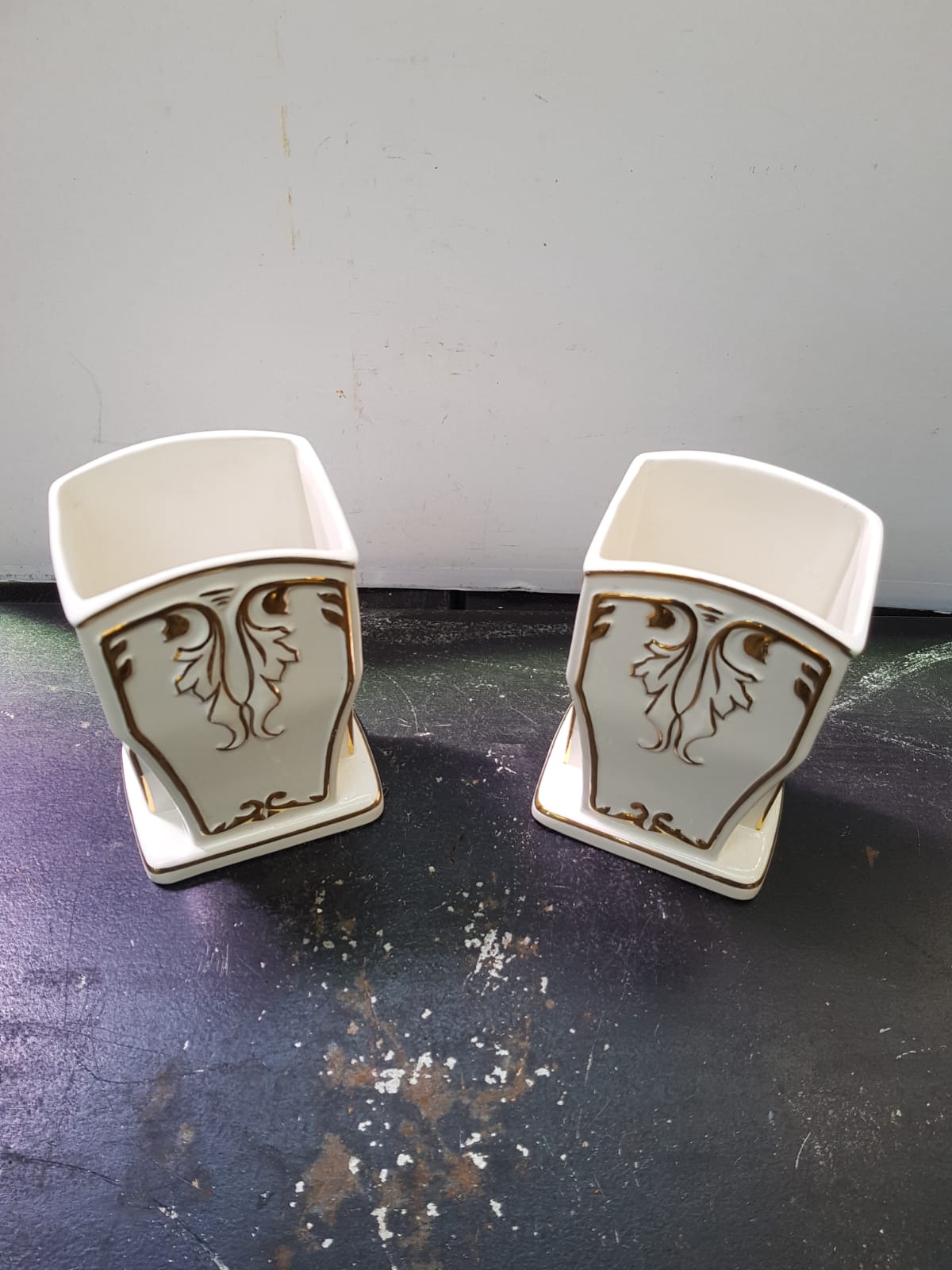 Pair Of Old White Art Ceramic Vase + Golden Decor Made In France Vintage