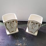 Pair Of Old White Art Ceramic Vase + Golden Decor Made In France Vintage