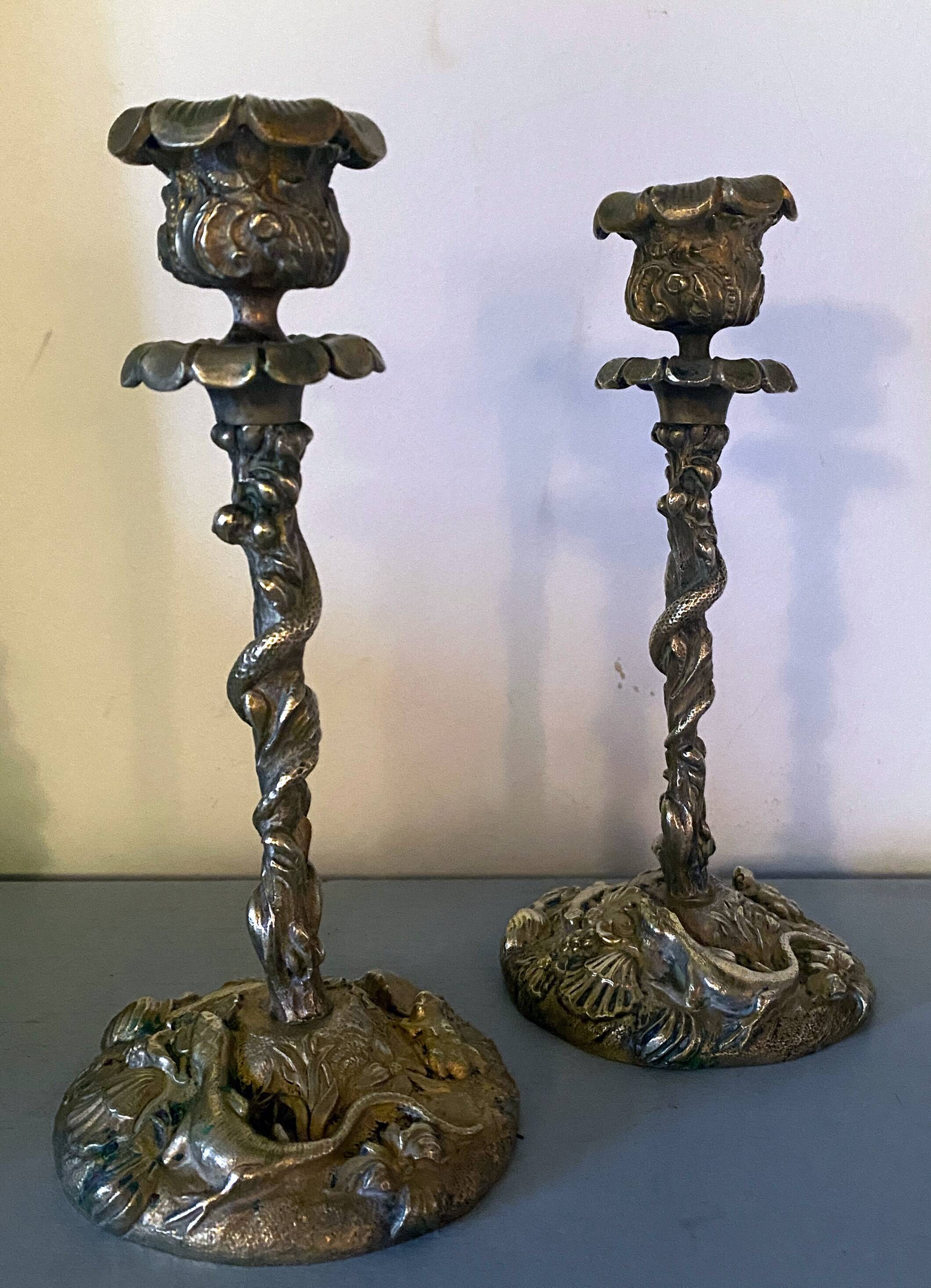 Pair of candlesticks with naturalistic decorations (gothic art nouveau) snake, salamander