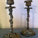 Pair of candlesticks with naturalistic decorations (gothic art nouveau) snake, salamander