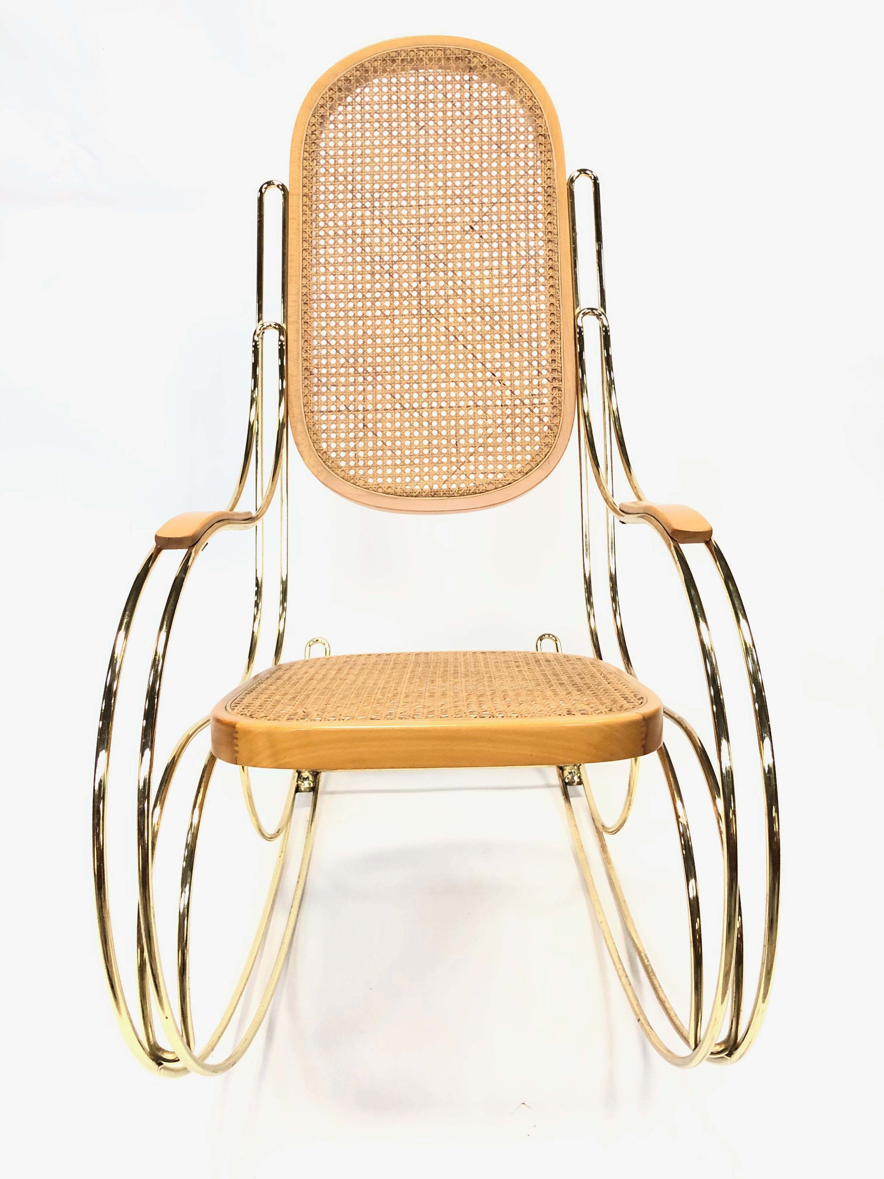 Vintage brass curved wooden rocking chair