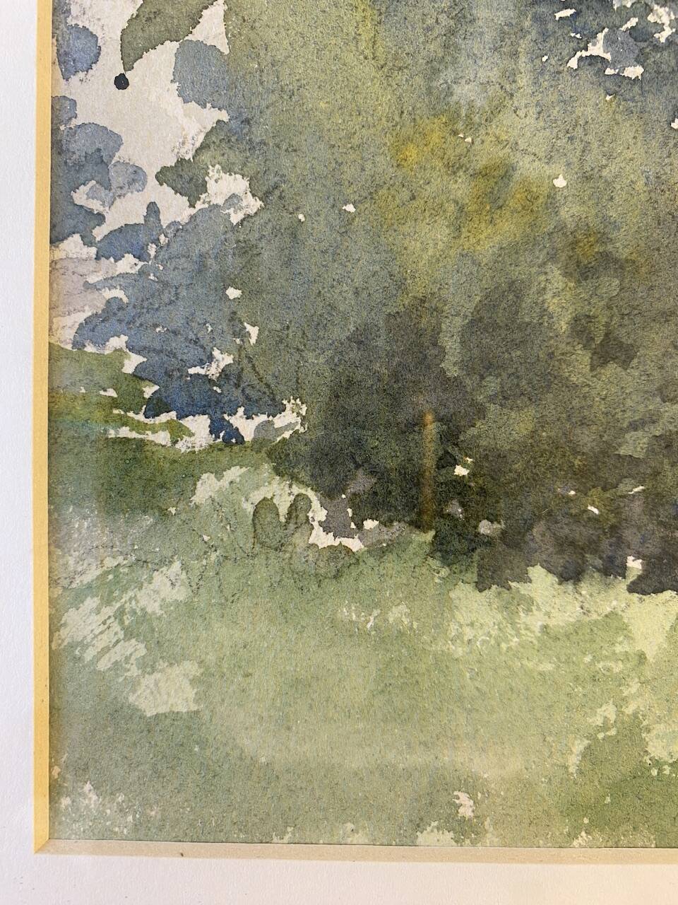 Tableau ancien, fermette à la campagne monogrammée ML, milieu XX siècle