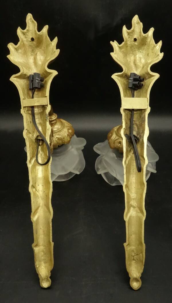 Pair of single-light wall sconces in the Louis XVI torch style - gilded bronze