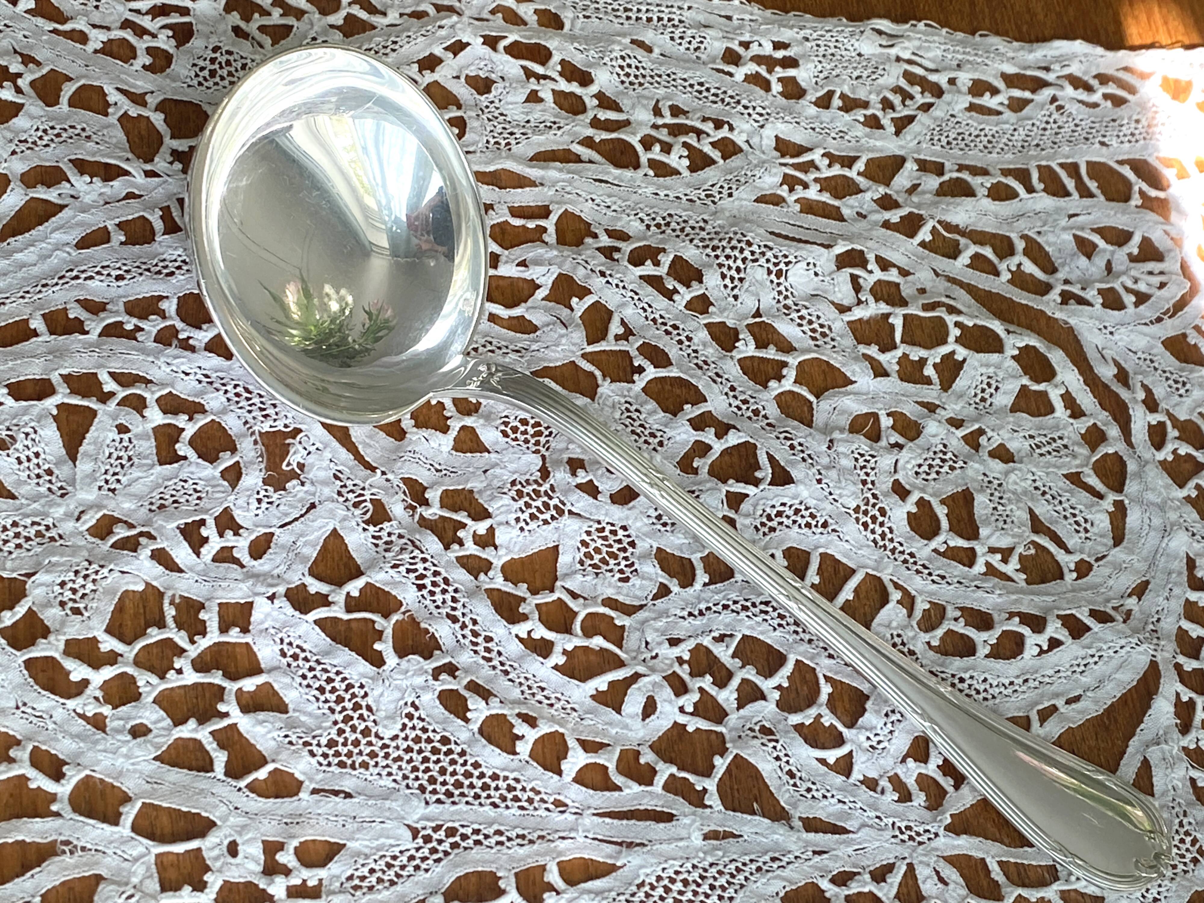 Christofle silver-plated metal ladle, Crossed Ribbon pattern, Louis XVI style