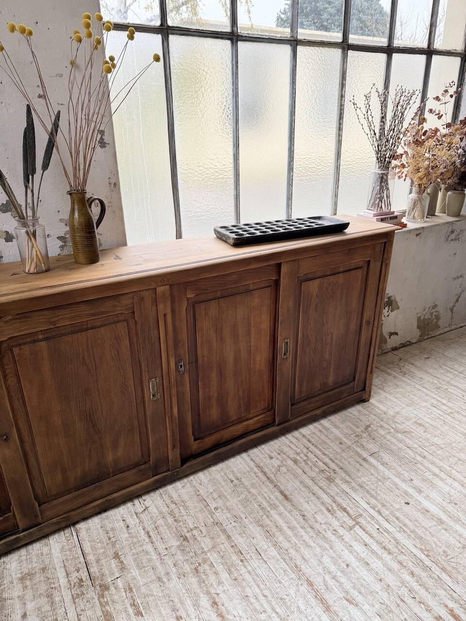XL oak workshop sideboard with sliding doors from 1900
