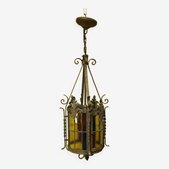 French Gothic Style round Hall Lantern with stained glass From Around 1900