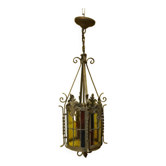 French Gothic Style round Hall Lantern with stained glass From Around 1900