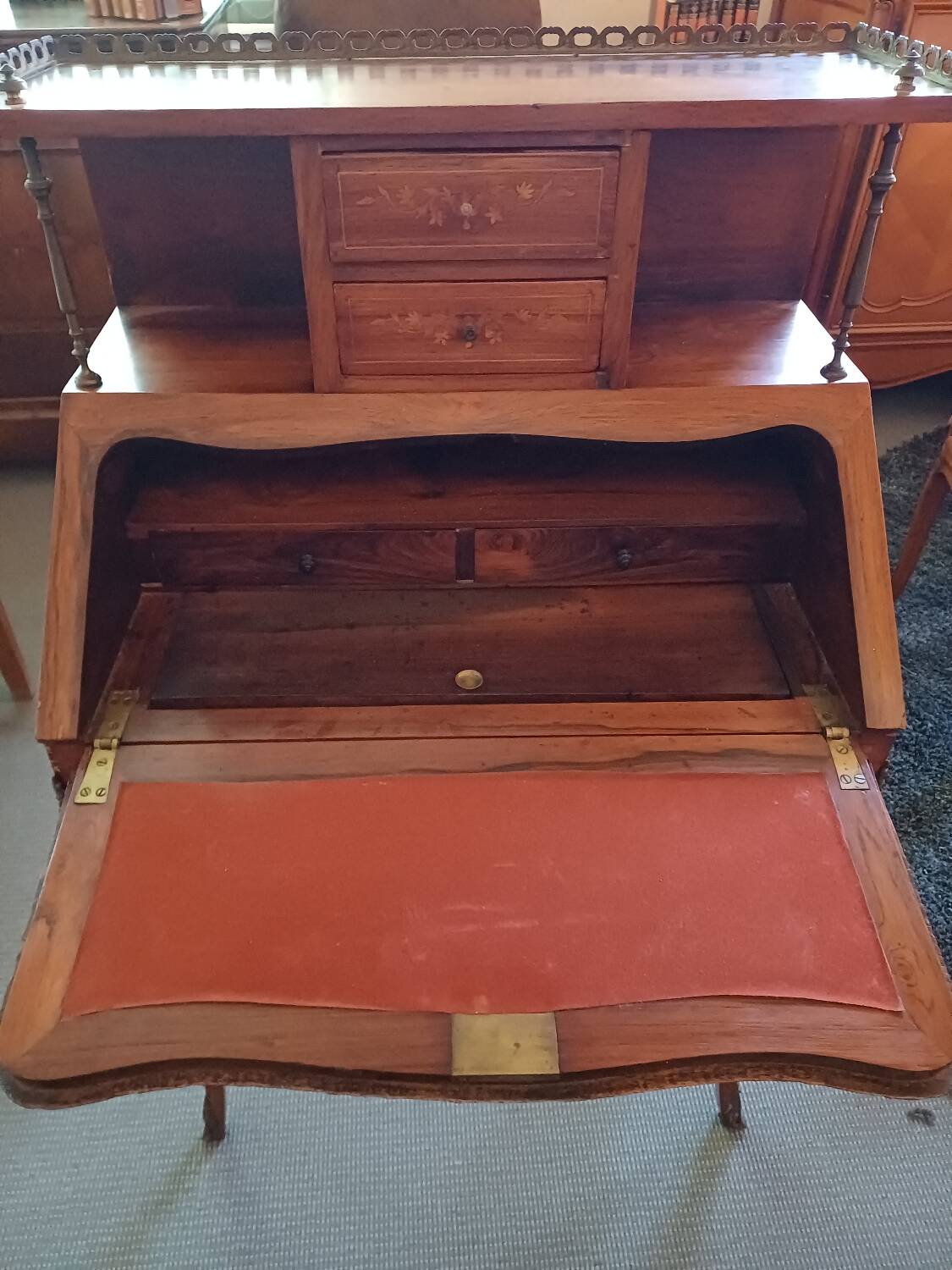 Brown mahogany secretary desk with marquetry
