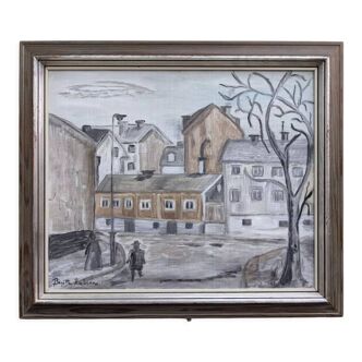 Peinture à l’huile de scène de rue vintage suédoise « Promenade » moderne du milieu du siècle, encadrée