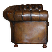 Restored leather Chesterfield sofa, walnut legs.