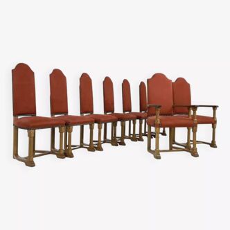 Lot de 6 chaises et 2 fauteuils à haut dossier en chêne et tissu