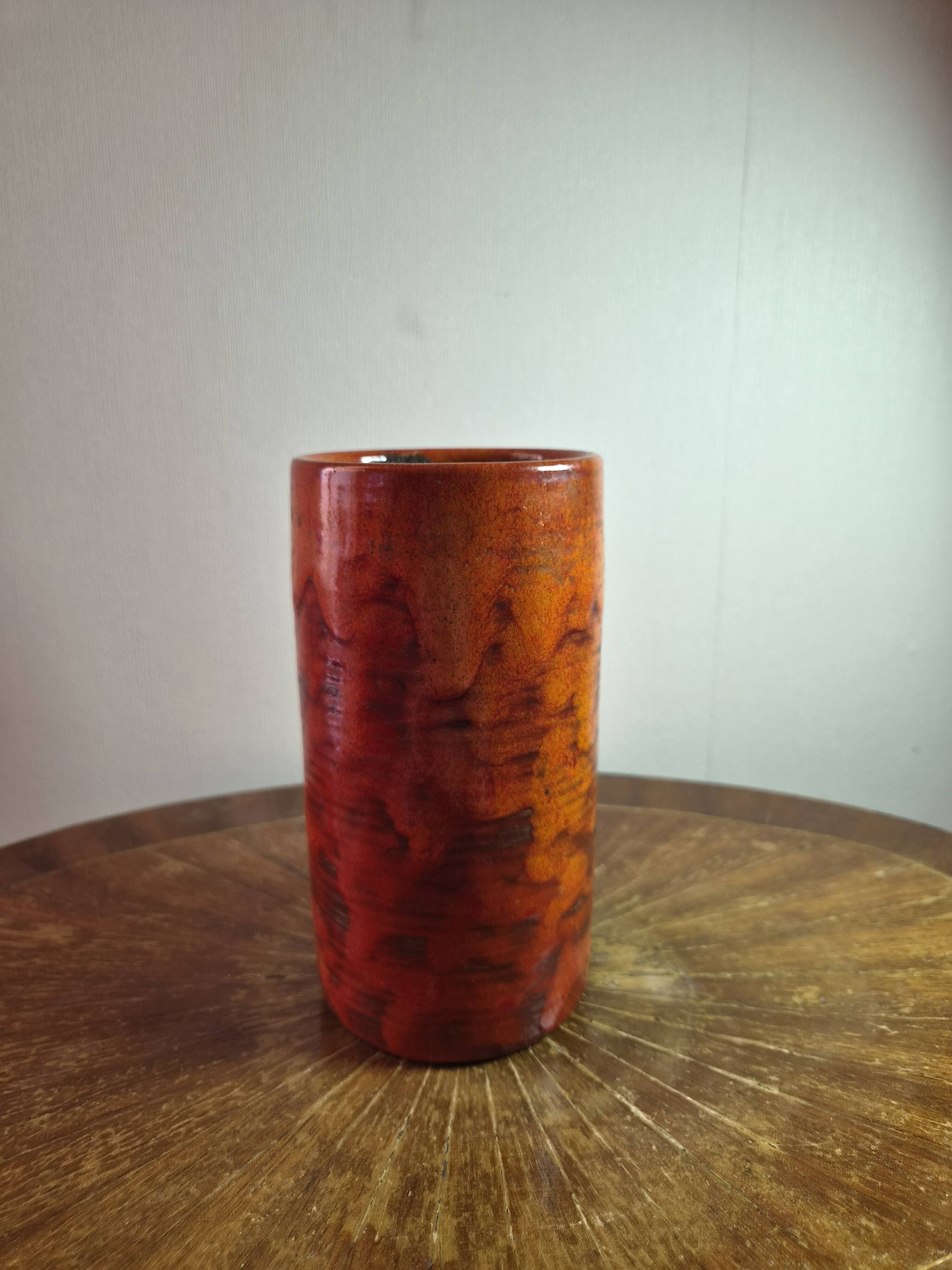 Vintage ceramic vase signed "Miep" with orange flamed glaze.