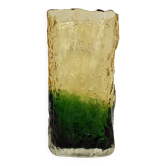 Vintage bark glass vase yellow and green , 1970’s