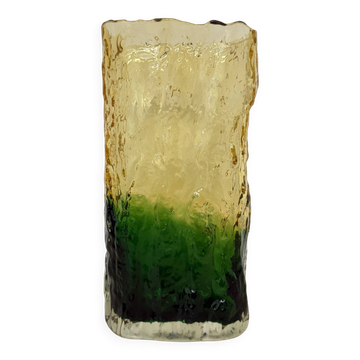 Vase vintage en verre écorce jaune et vert, années 1970