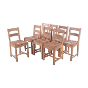 Ensemble de 8 chaises en chêne danois avec siège en osier, années 1970