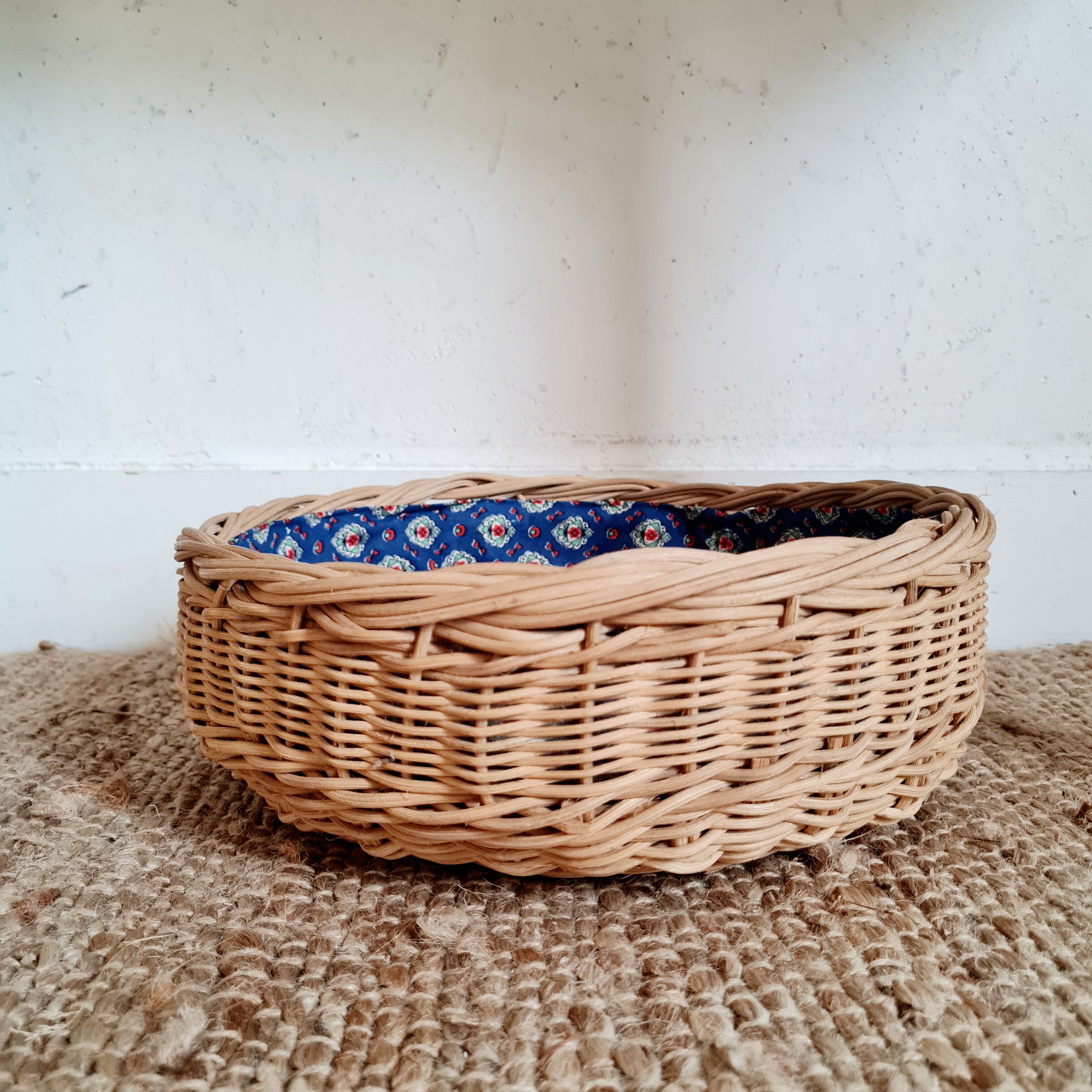 Vintage rattan basket interior liberty fabric