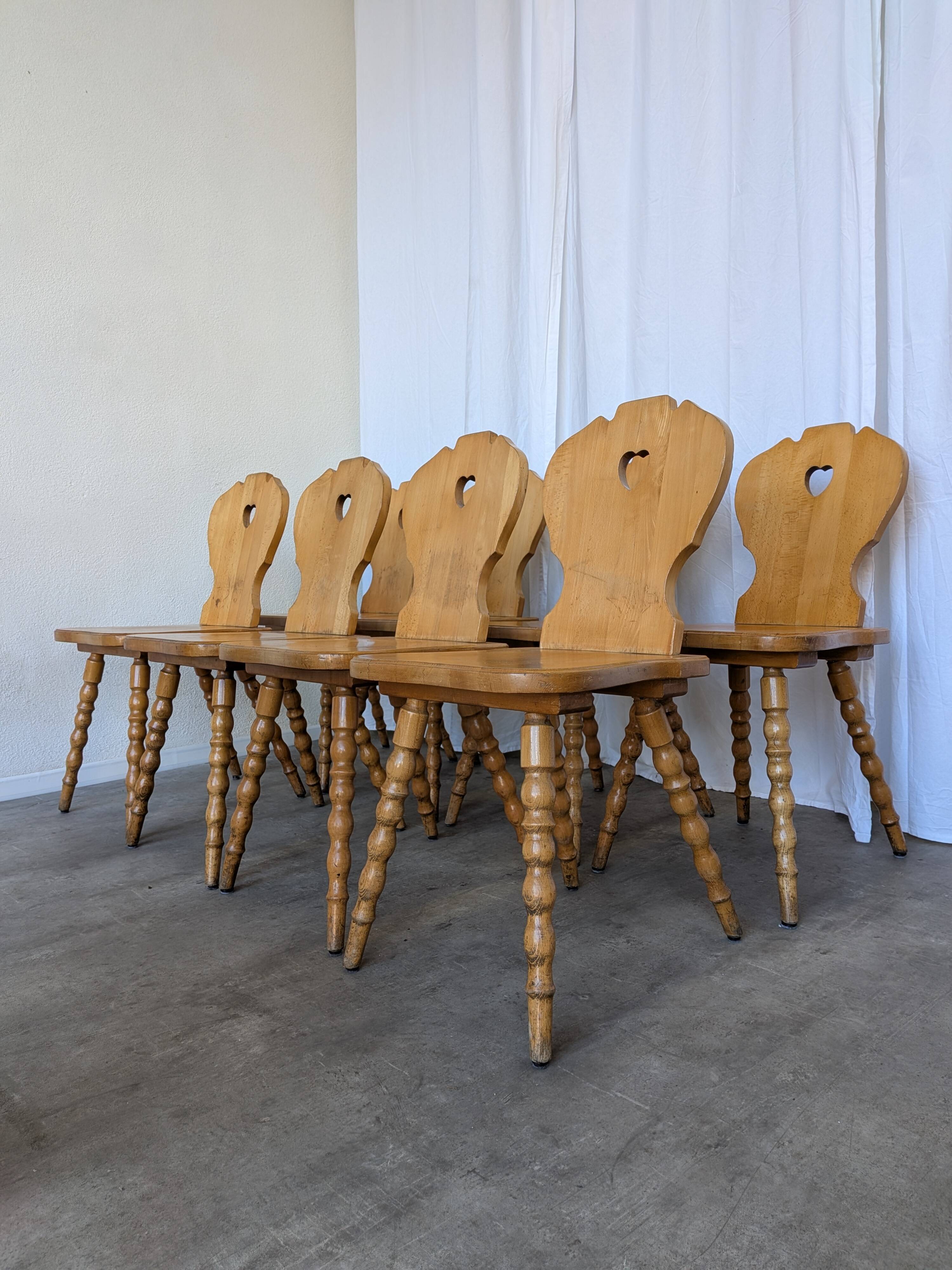 Set of 8 Vintage Tyrolean Heart Cutout Wooden Dining Chairs, Rustic Farmhou